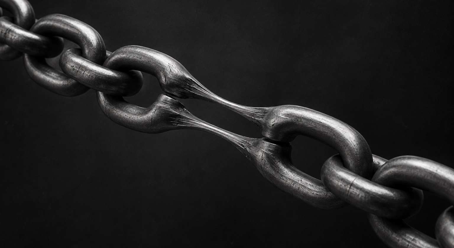 Black and white 3D render of a chain stretched until its links lengthen