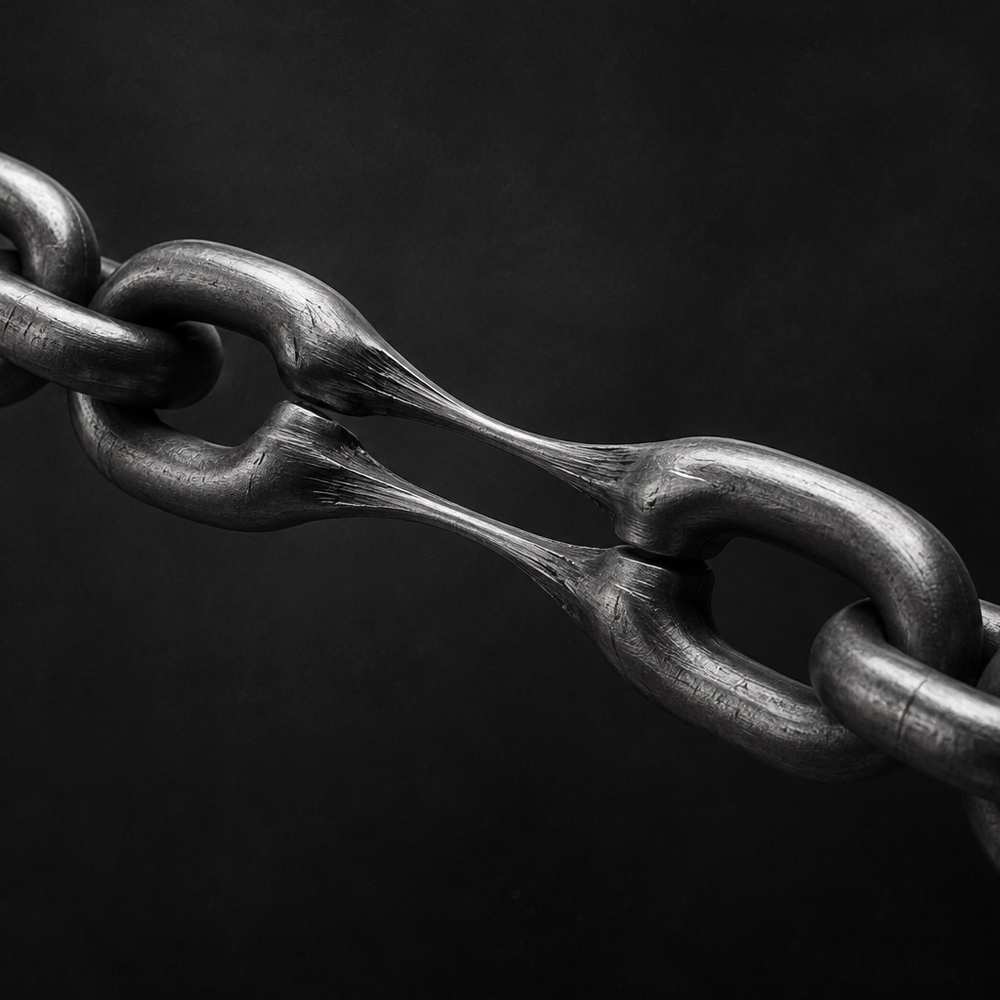 Black and white 3D render of a chain stretched until its links lengthen