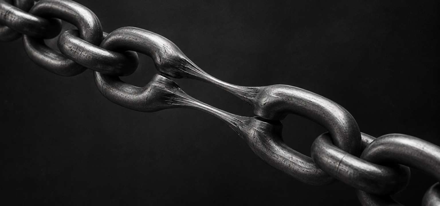 Black and white 3D render of a chain stretched until its links lengthen