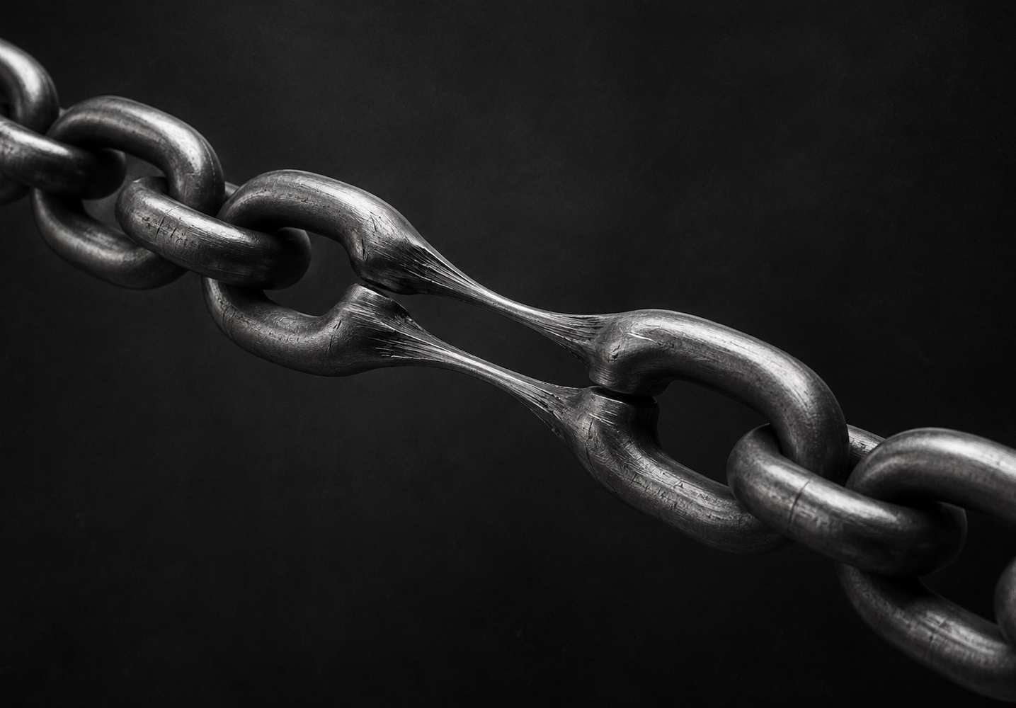 Black and white 3D render of a chain stretched until its links lengthen