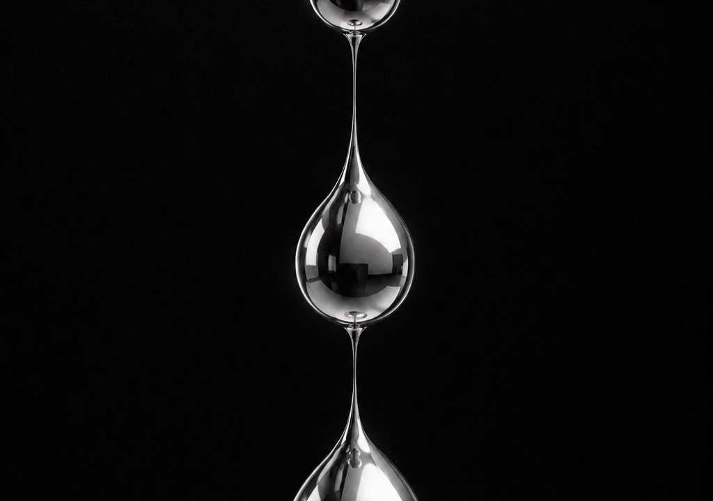Black and white 3D render of liquid chrome drops hanging on thin strands