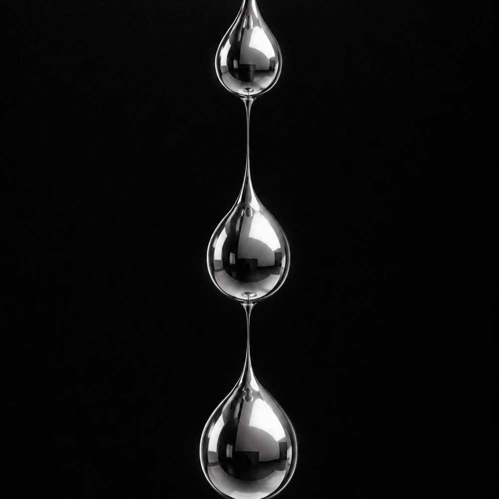 Black and white 3D render of liquid chrome drops hanging on thin strands