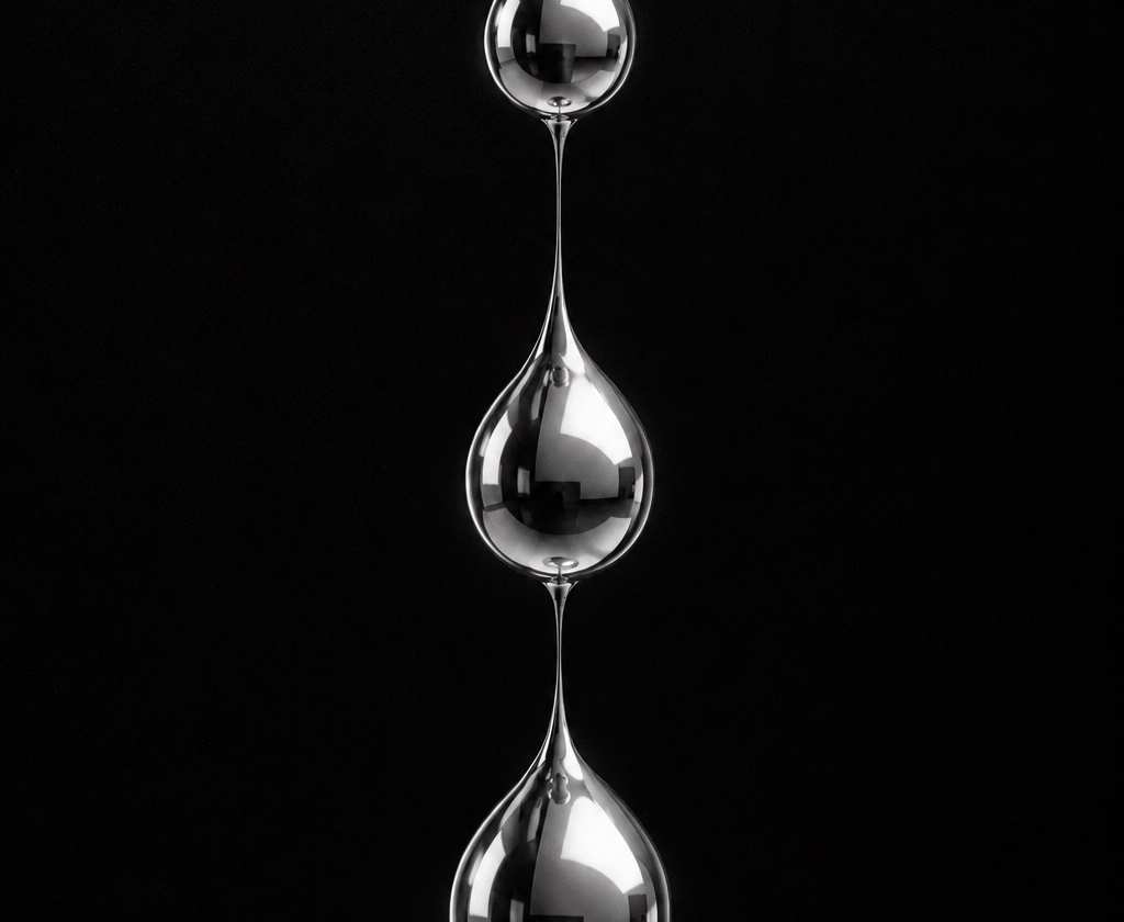Black and white 3D render of liquid chrome drops hanging on thin strands