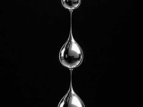 Black and white 3D render of liquid chrome drops hanging on thin strands