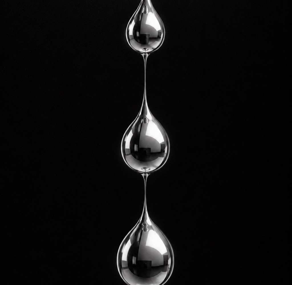 Black and white 3D render of liquid chrome drops hanging on thin strands