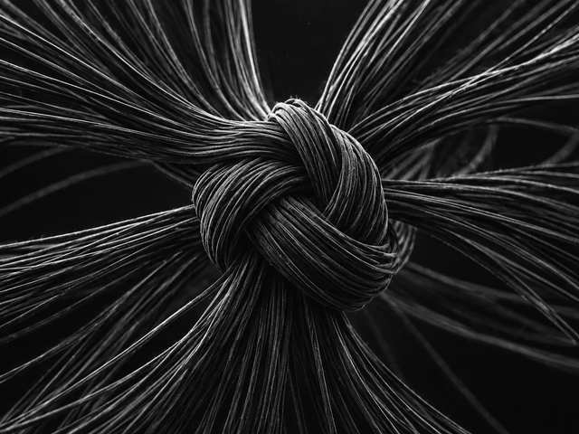Black and white 3D render of a tight knot of fibres on a white background
