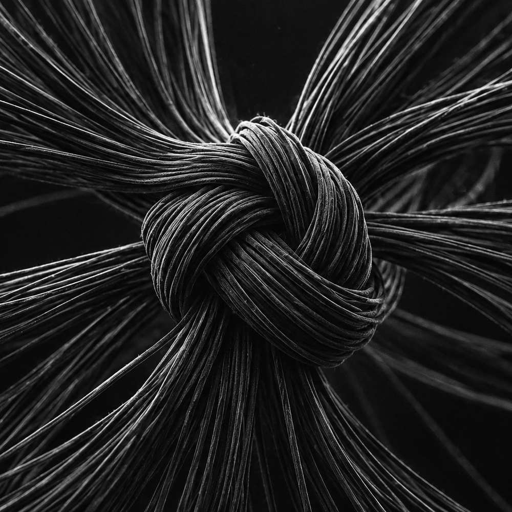 Black and white 3D render of a tight knot of fibres on a white background