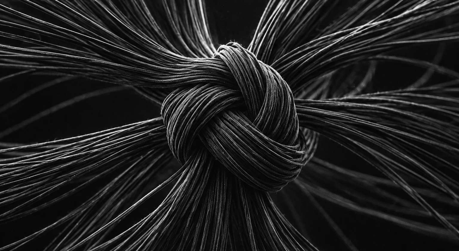 Black and white 3D render of a tight knot of fibres on a white background