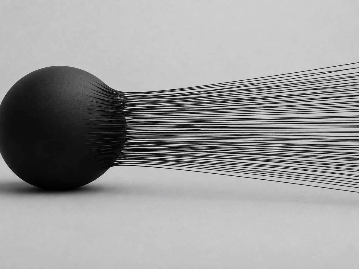 Black and white 3D render of threads stretched across a loom-like frame