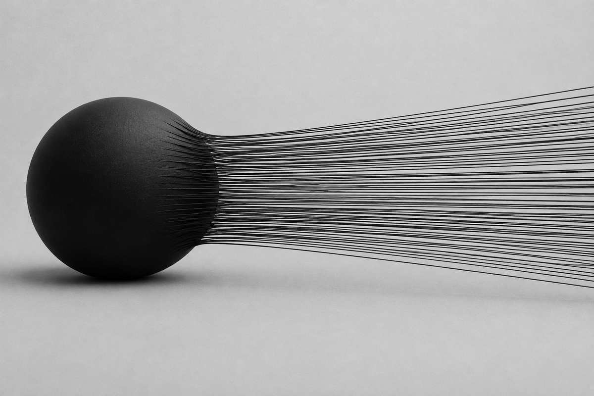 Black and white 3D render of threads stretched across a loom-like frame