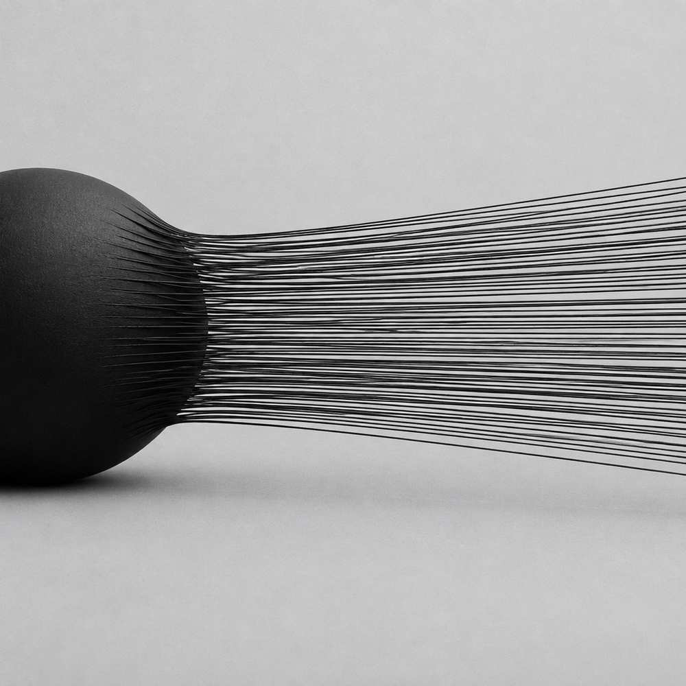 Black and white 3D render of threads stretched across a loom-like frame