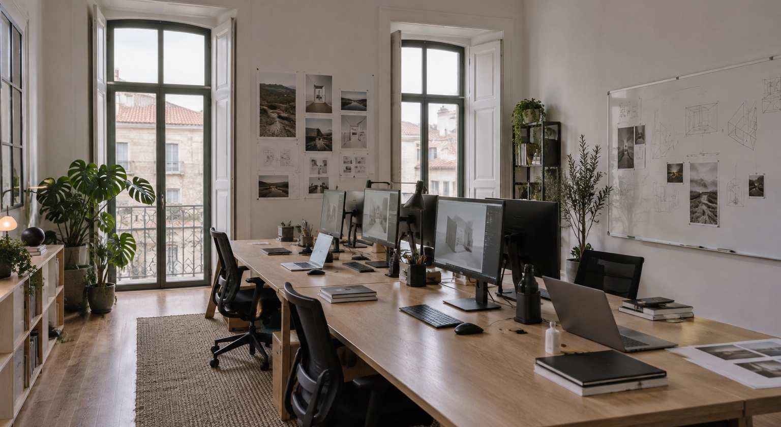 The Tensile studio in Lisbon: a long shared desk, large windows and plants