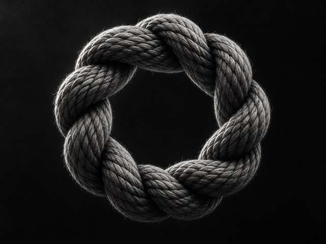 Black and white 3D render of a ring of cord twisted under tension