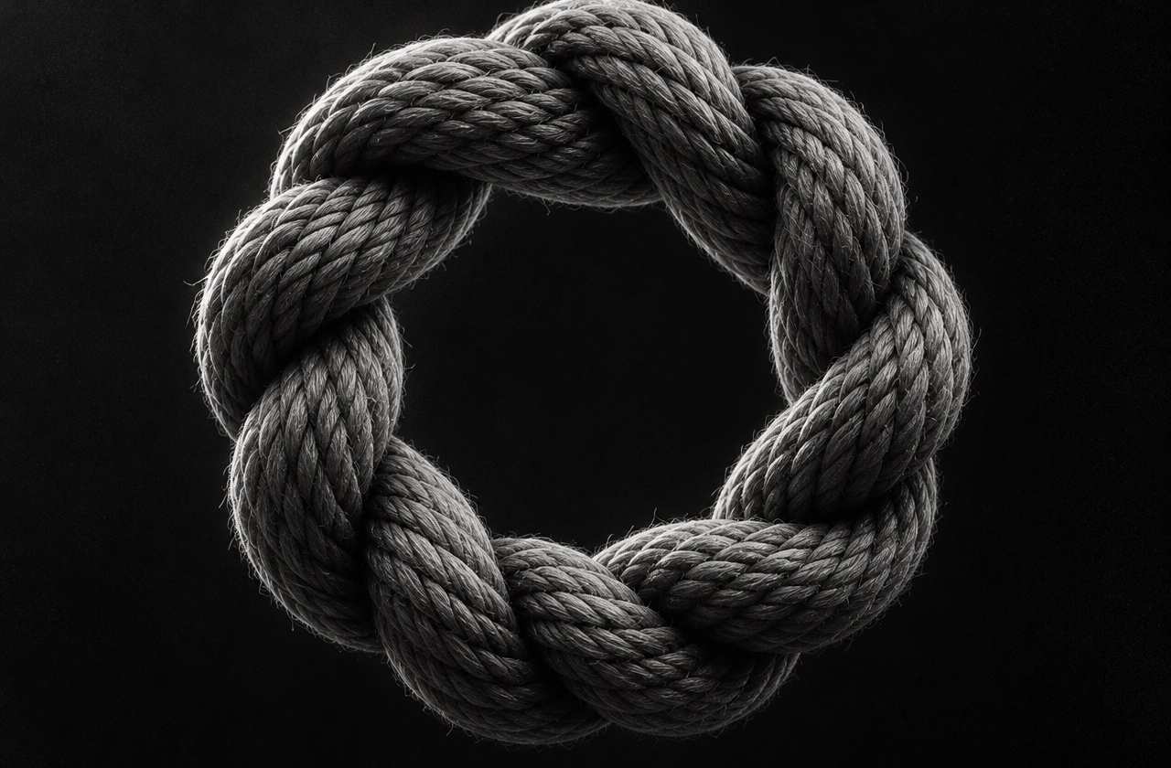 Black and white 3D render of a ring of cord twisted under tension