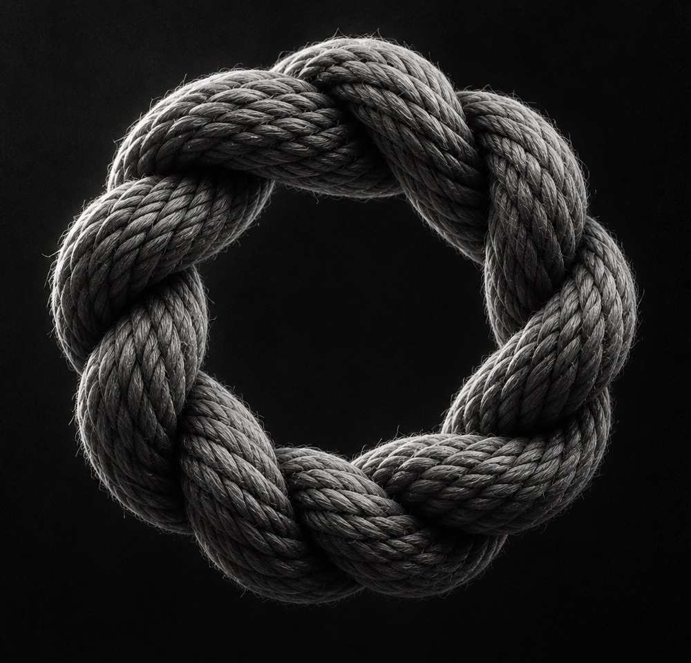 Black and white 3D render of a ring of cord twisted under tension