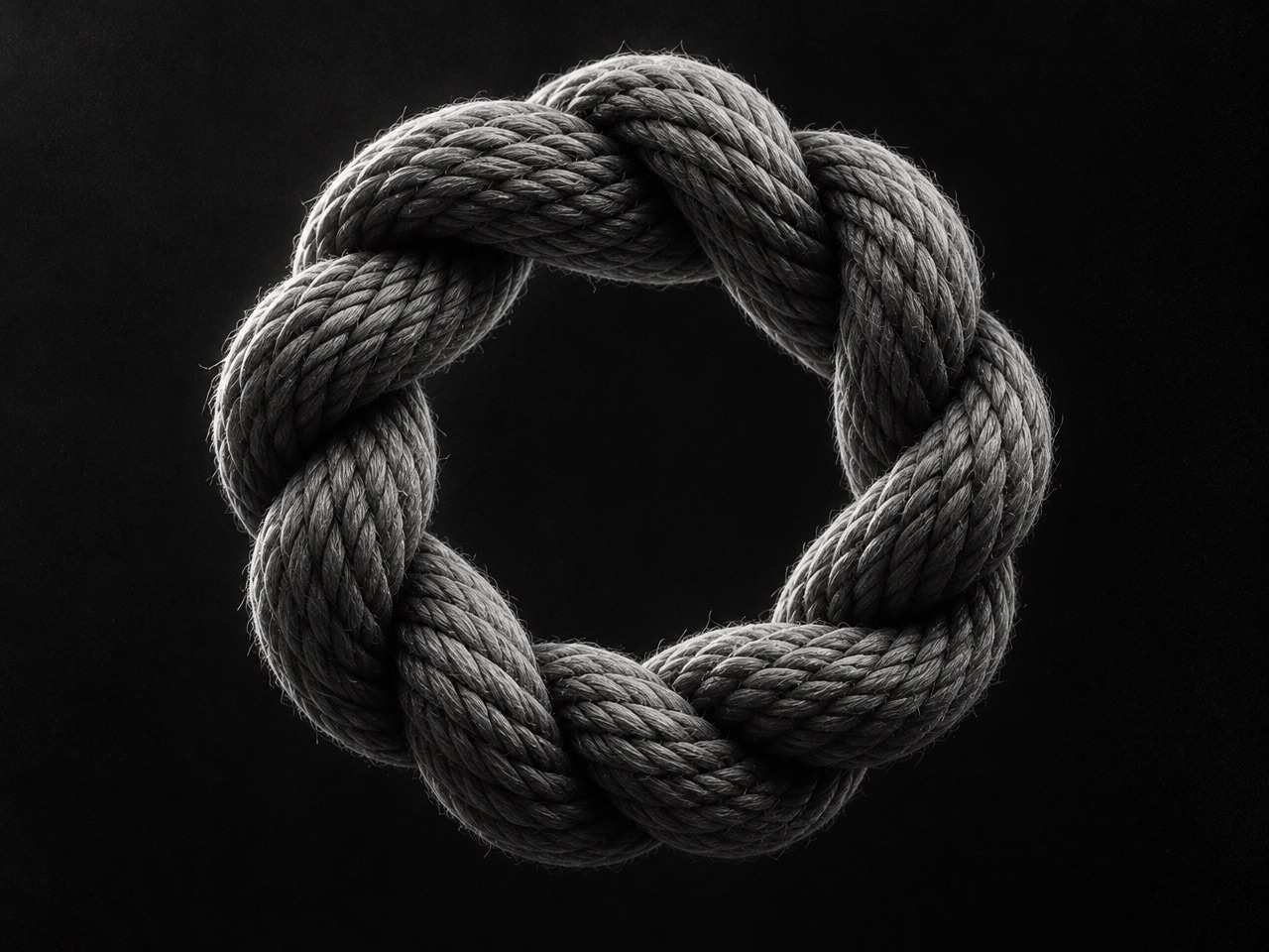 Black and white 3D render of a ring of cord twisted under tension