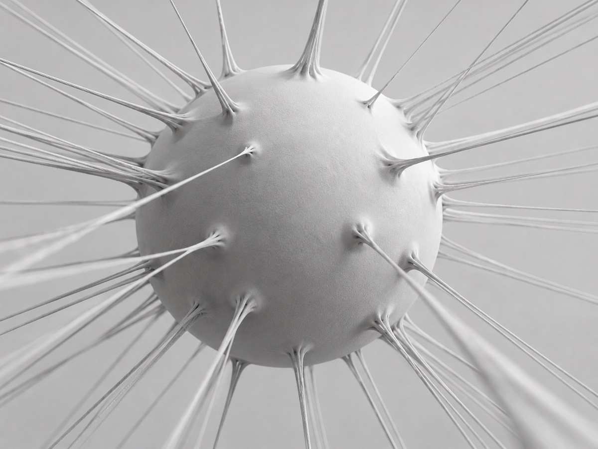 Black and white 3D render of a sphere with threads pulled out of its surface