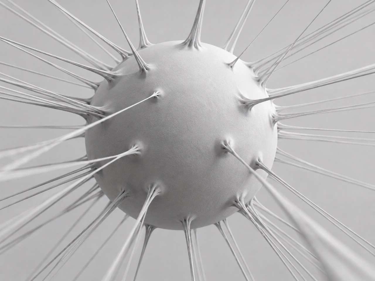 Black and white 3D render of a sphere with threads pulled out of its surface