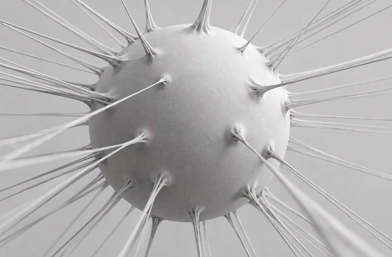Black and white 3D render of a sphere with threads pulled out of its surface