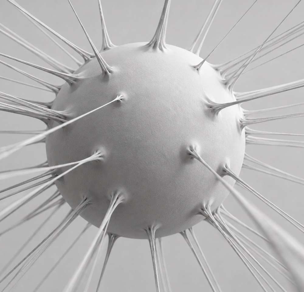 Black and white 3D render of a sphere with threads pulled out of its surface