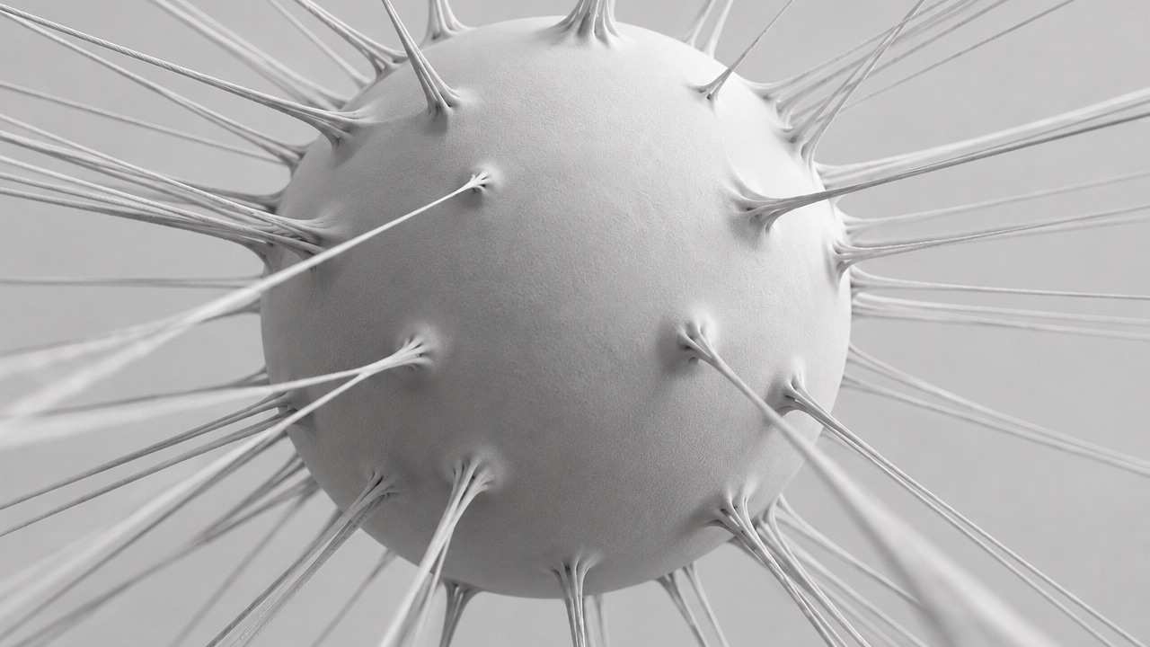 Black and white 3D render of a sphere with threads pulled out of its surface